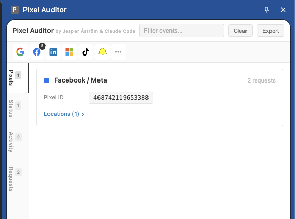 Pixels Tab showing Meta pixel with ID and location count